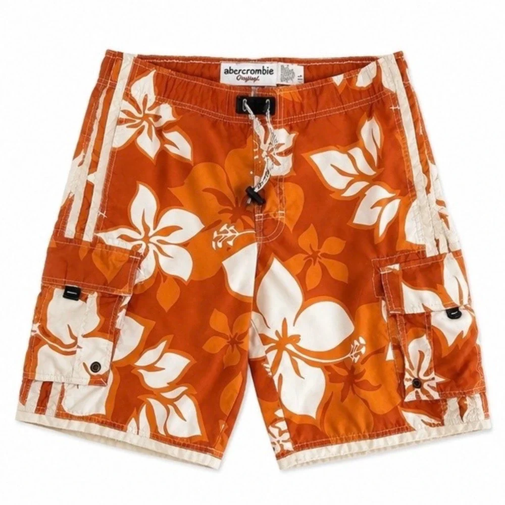 Abercrombie Original Boys Size L 14 Orange Hawaiian Floral Cargo Swim Trunks